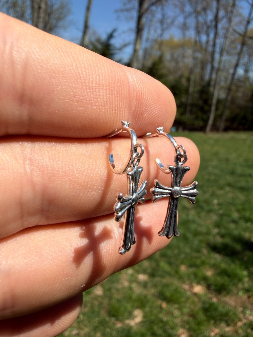 Hearts Of Chrome Huggie Hoops W. Dangle Cross Earrings | 925 Silver Oxidized