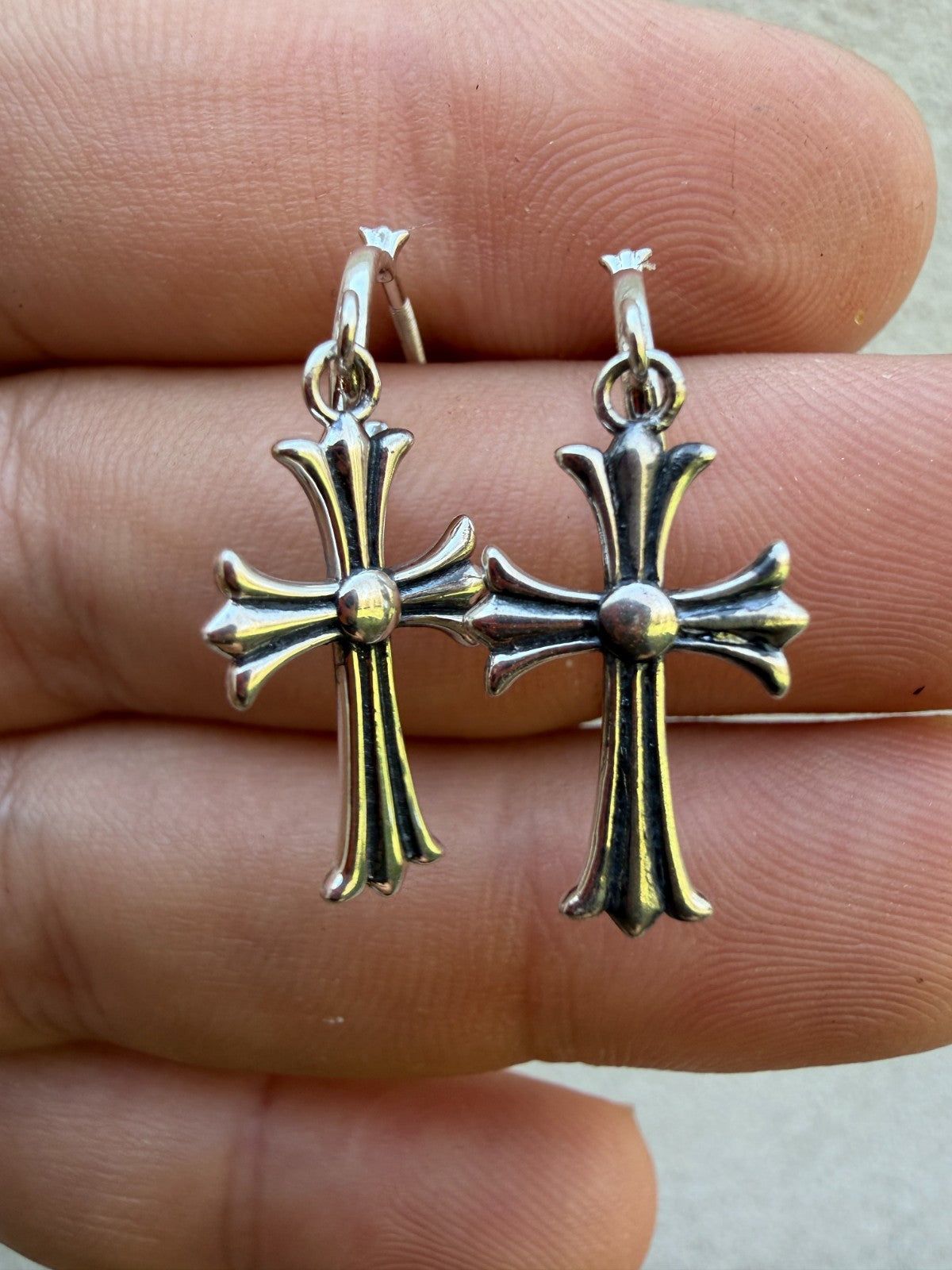 Hearts Of Chrome Huggie Hoops W. Dangle Cross Earrings | 925 Silver Oxidized