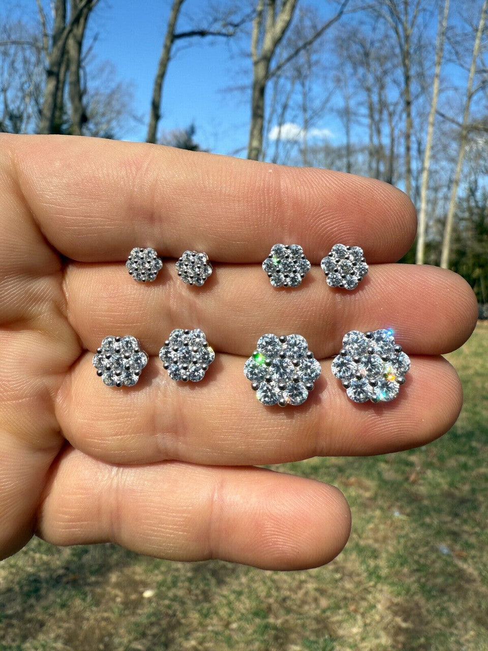 Cluster Iced Out Honeycomb Set Earrings | Silver | CZ
