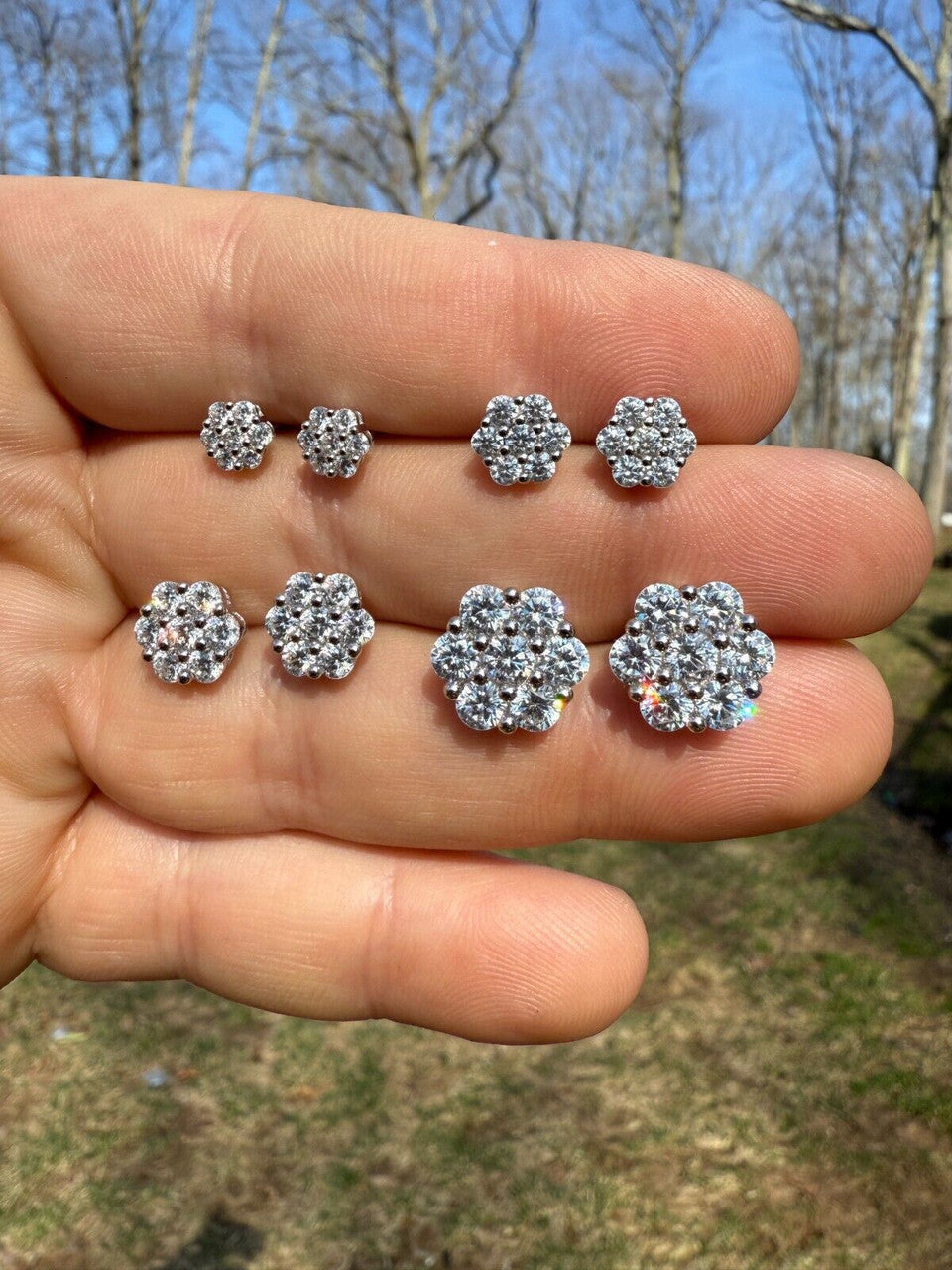 Cluster Iced Out Honeycomb Set Earrings | Silver | CZ