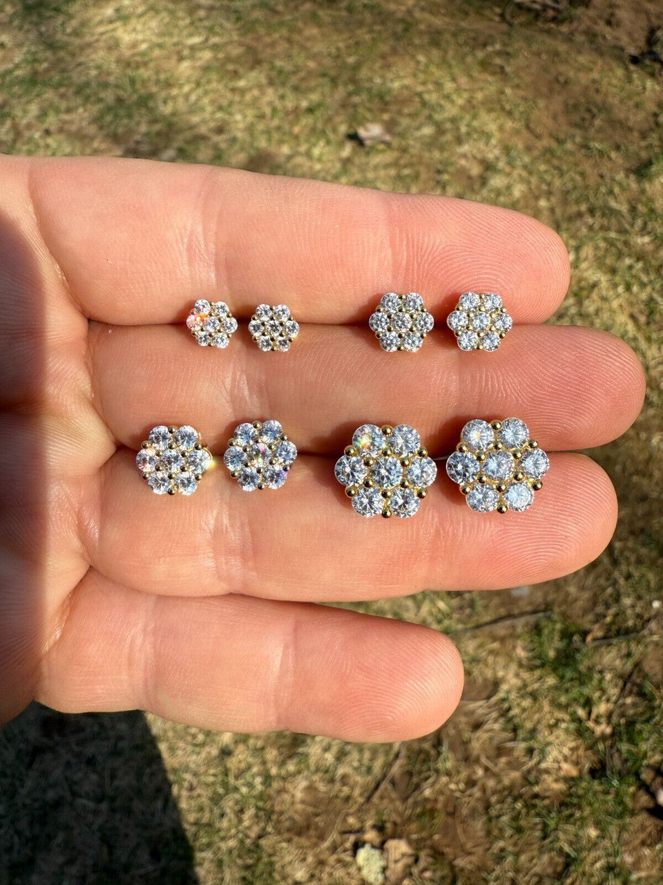 Cluster Flower Set Earrings Real 14k Gold Over 925 Silver 6-12mm Iced CZ Stones