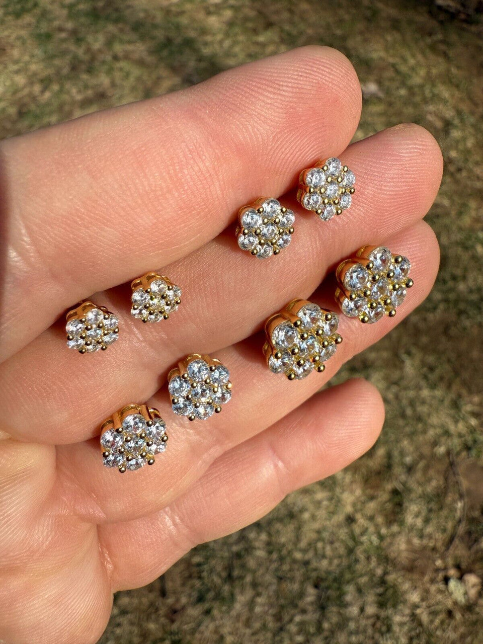 Cluster Flower Set Earrings Real 14k Gold Over 925 Silver 6-12mm Iced CZ Stones