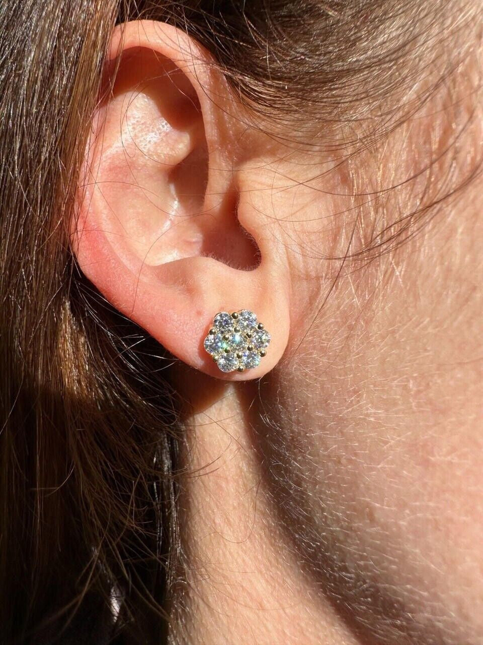 Cluster Flower Set Earrings Real 14k Gold Over 925 Silver 6-12mm Iced CZ Stones