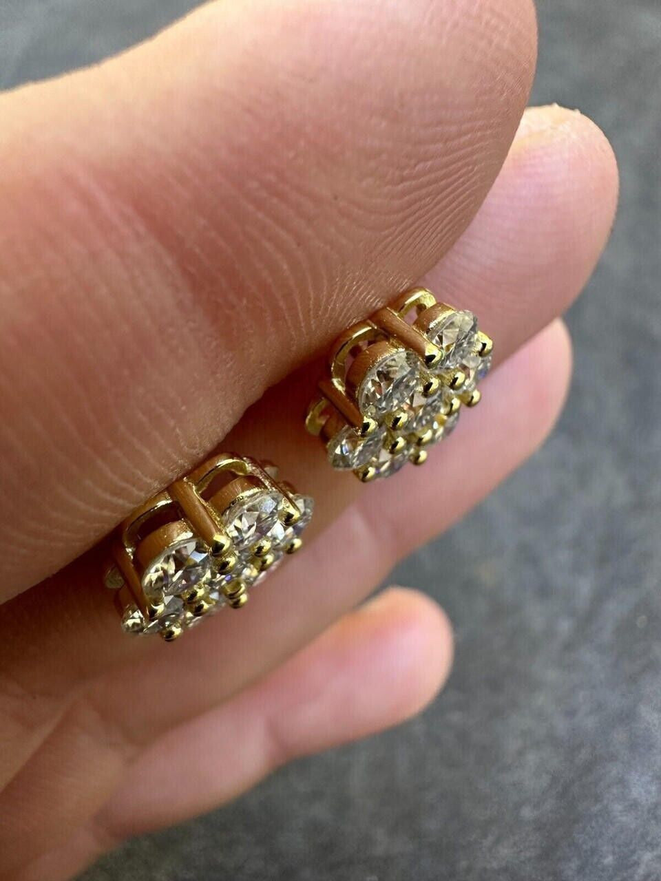 Cluster Flower Set Earrings Real 14k Gold Over 925 Silver 6-12mm Iced CZ Stones