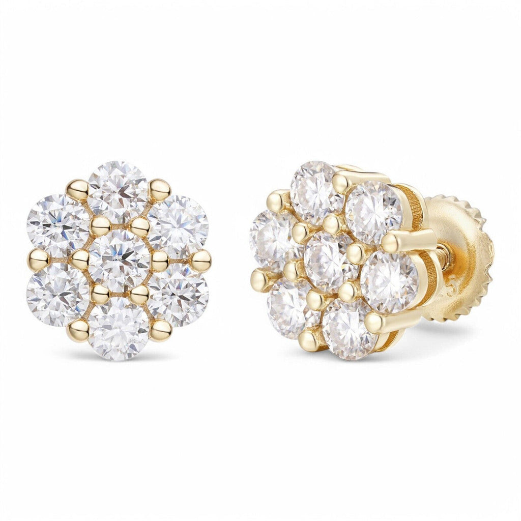 Cluster Flower Set Earrings Real 14k Gold Over 925 Silver 6-12mm Iced CZ Stones