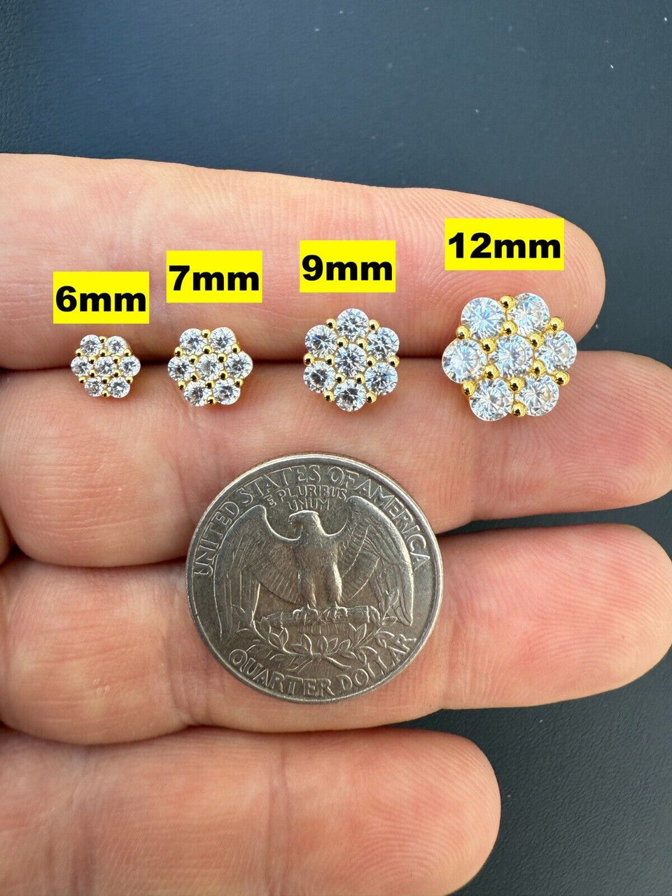 Cluster Flower Set Earrings Real 14k Gold Over 925 Silver 6-12mm Iced CZ Stones