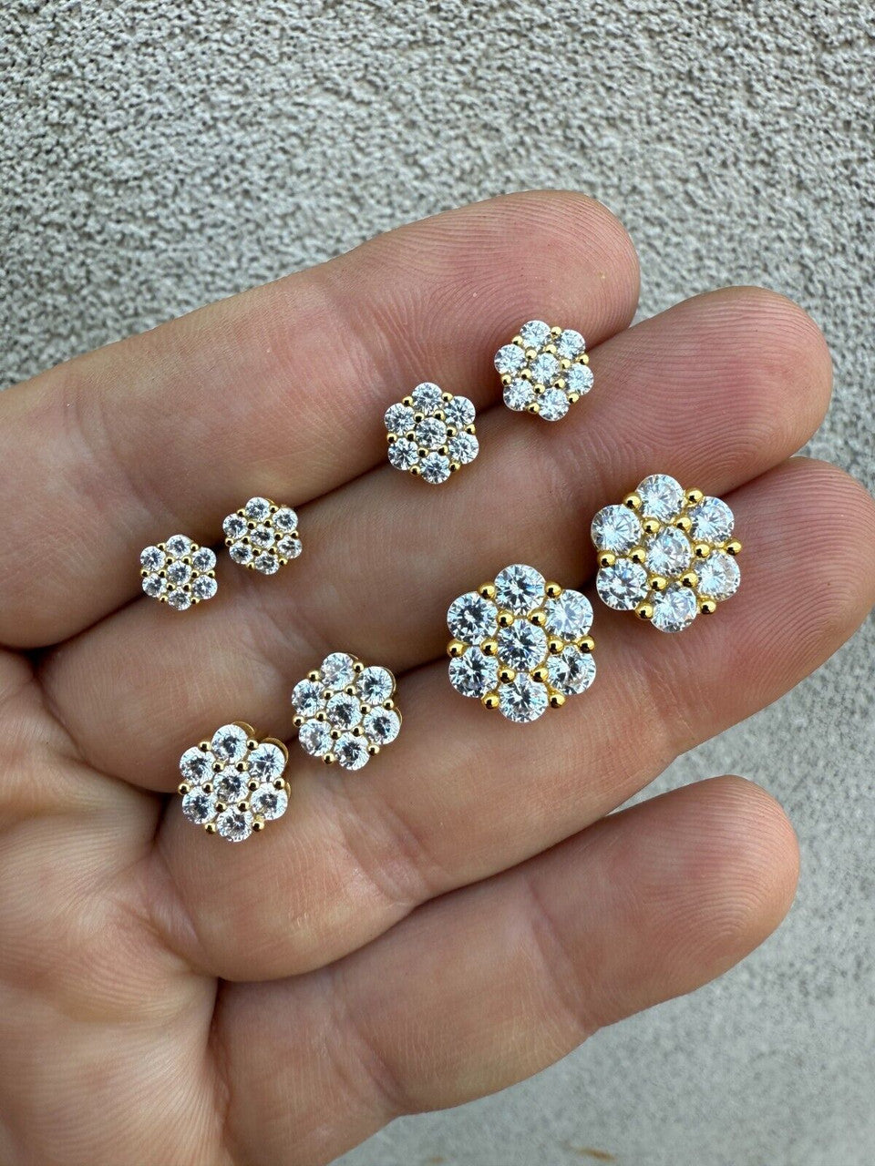 Cluster Flower Set Earrings Real 14k Gold Over 925 Silver 6-12mm Iced CZ Stones