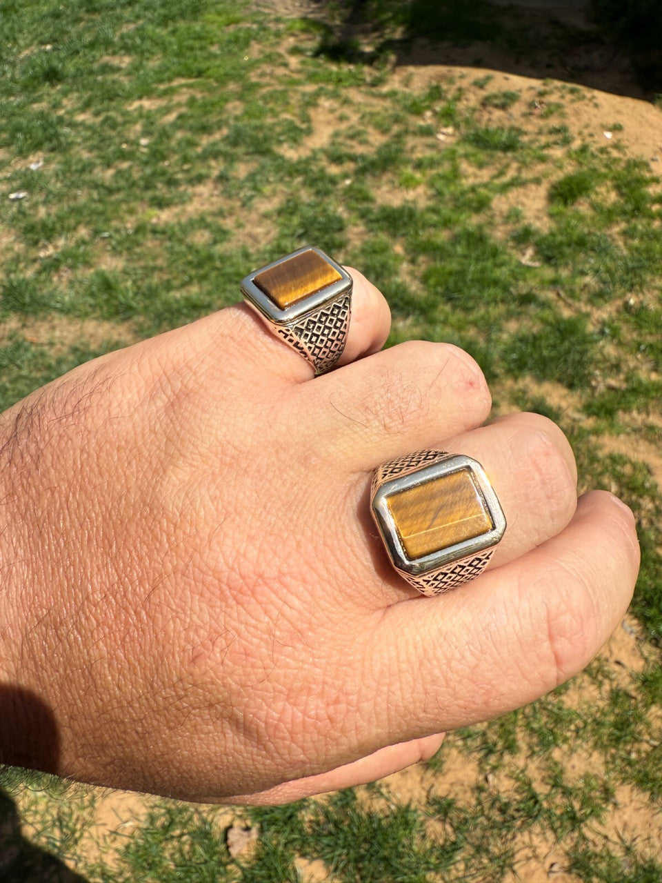 Mens Real Solid 925 Sterling Silver & 10k Gold Tigers Eye Gemstone Square Ring