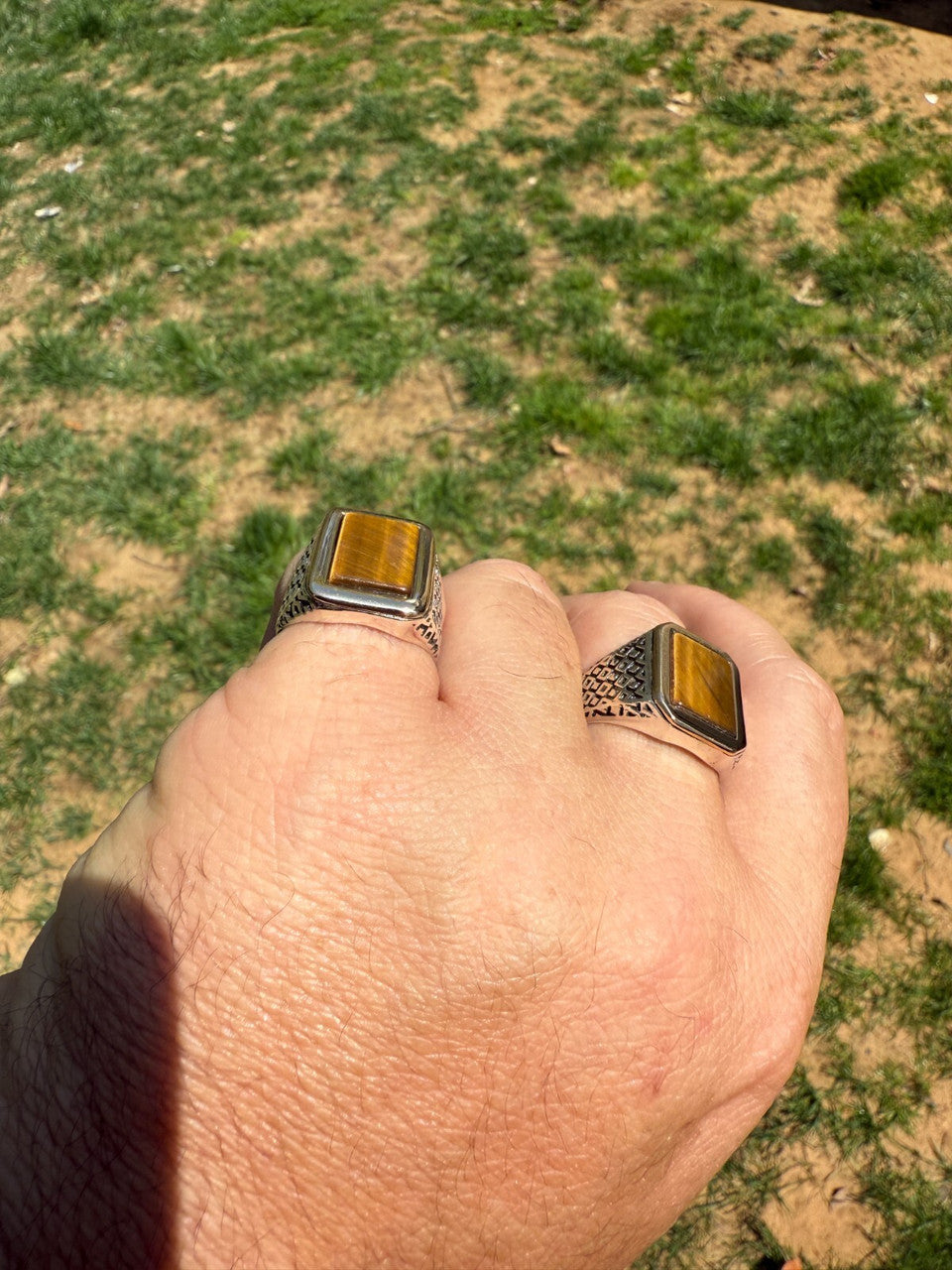 Mens Real Solid 925 Sterling Silver & 10k Gold Tigers Eye Gemstone Square Ring