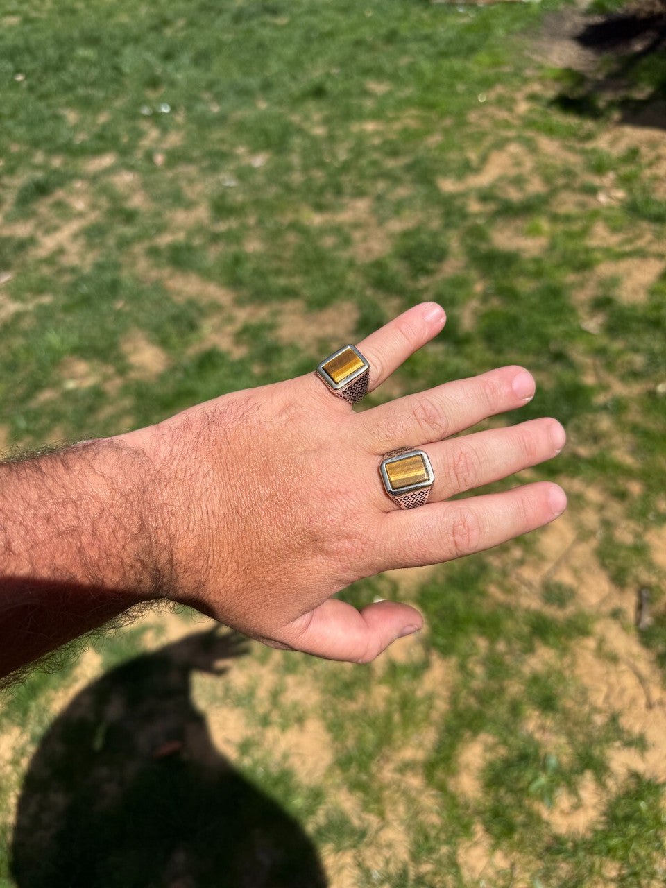 Mens Real Solid 925 Sterling Silver & 10k Gold Tigers Eye Gemstone Square Ring