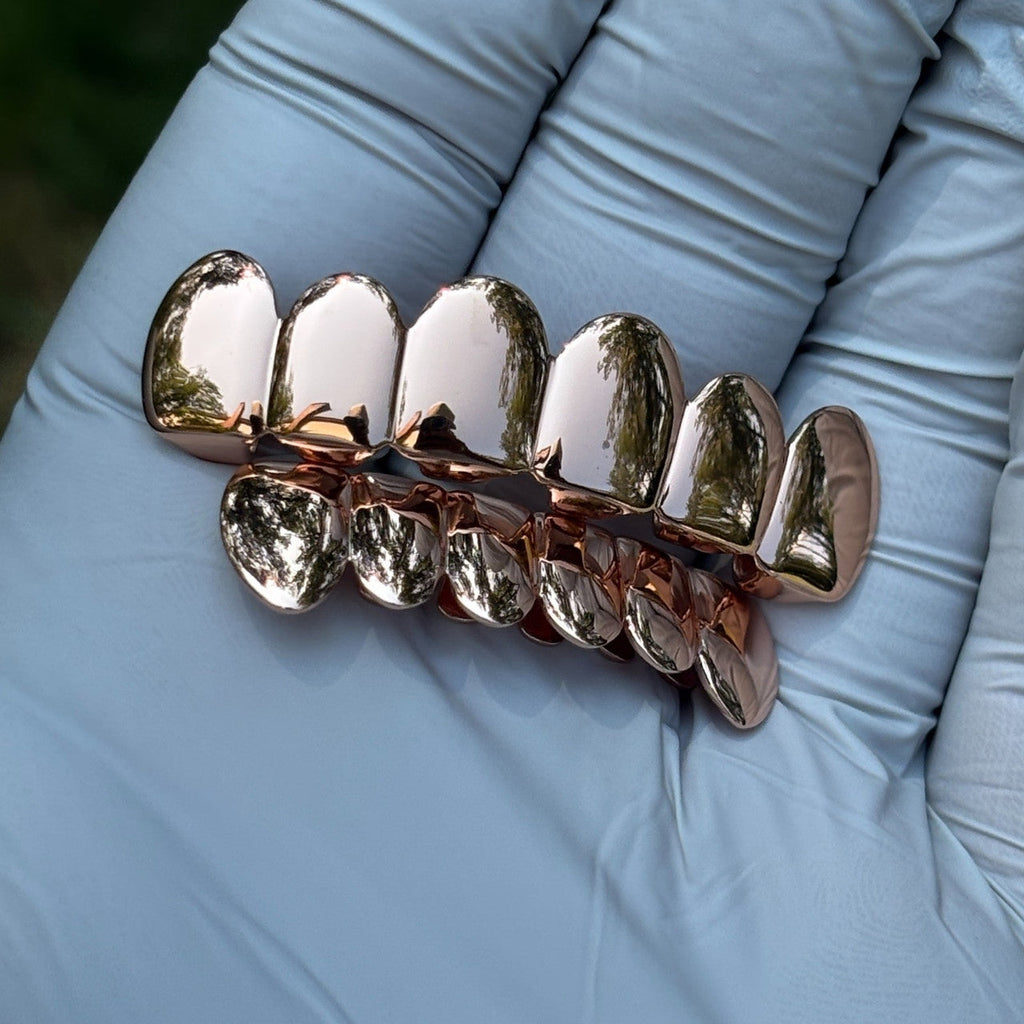 Real SOLID 14k Rose Gold 925 Sterling Silver Custom GRILLZ Teeth Top Bottom