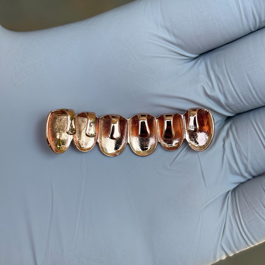 Real SOLID 14k Rose Gold 925 Sterling Silver Custom GRILLZ Teeth Top Bottom