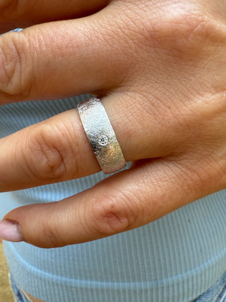 Moissanite Solitaire Scraped Brushed Wedding Band Ring | 925 Silver
