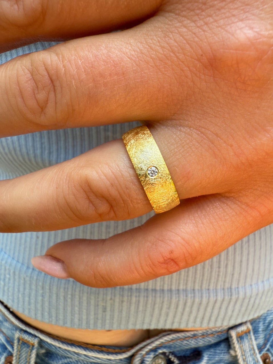 Moissanite Solitaire Scraped Brushed Wedding Band Ring | 14k Gold Vermeil 925 Silver