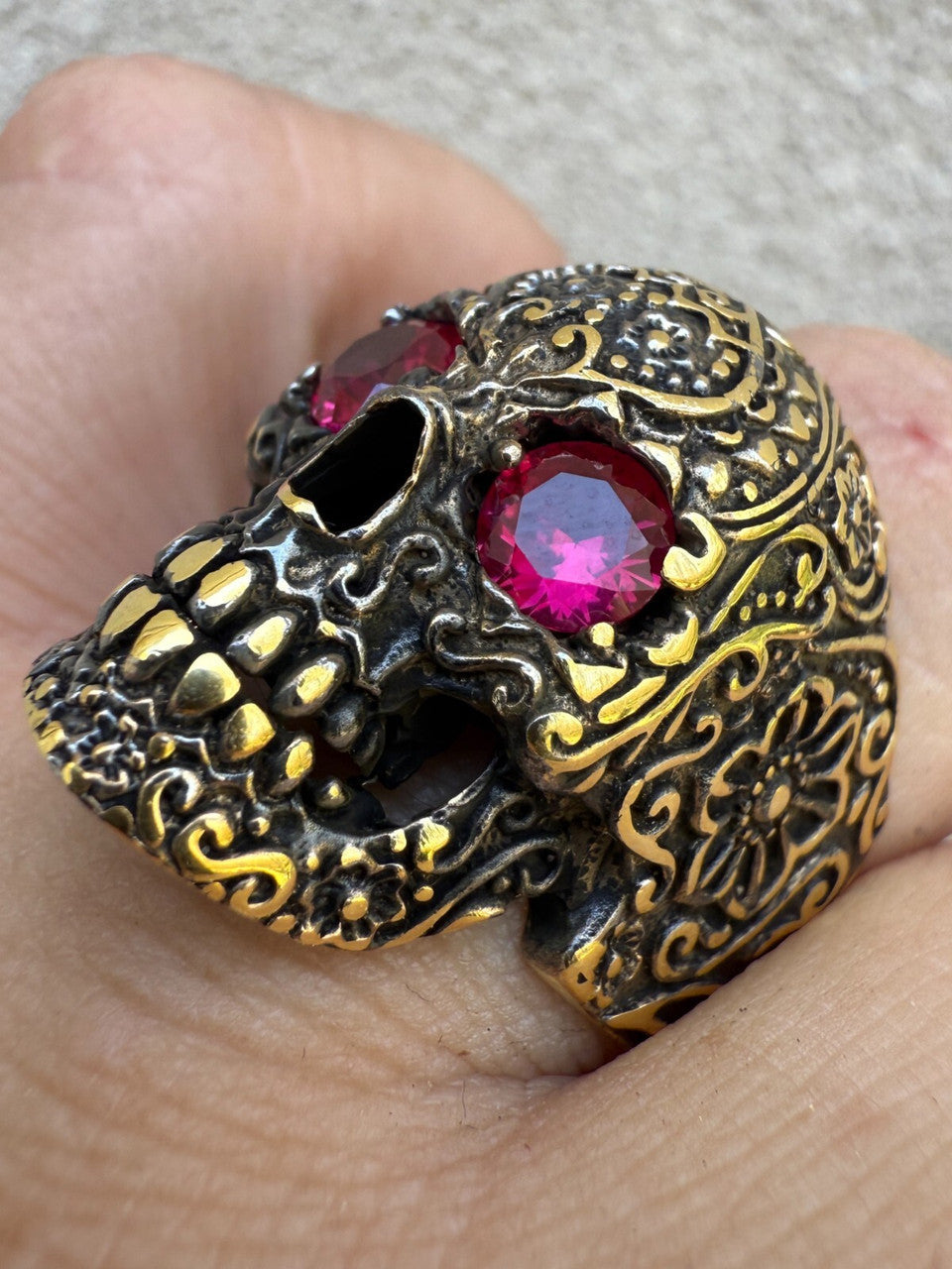 Sugar Skull & Roses Ring | 14k Gold Vermeil 925 Silver Oxidized