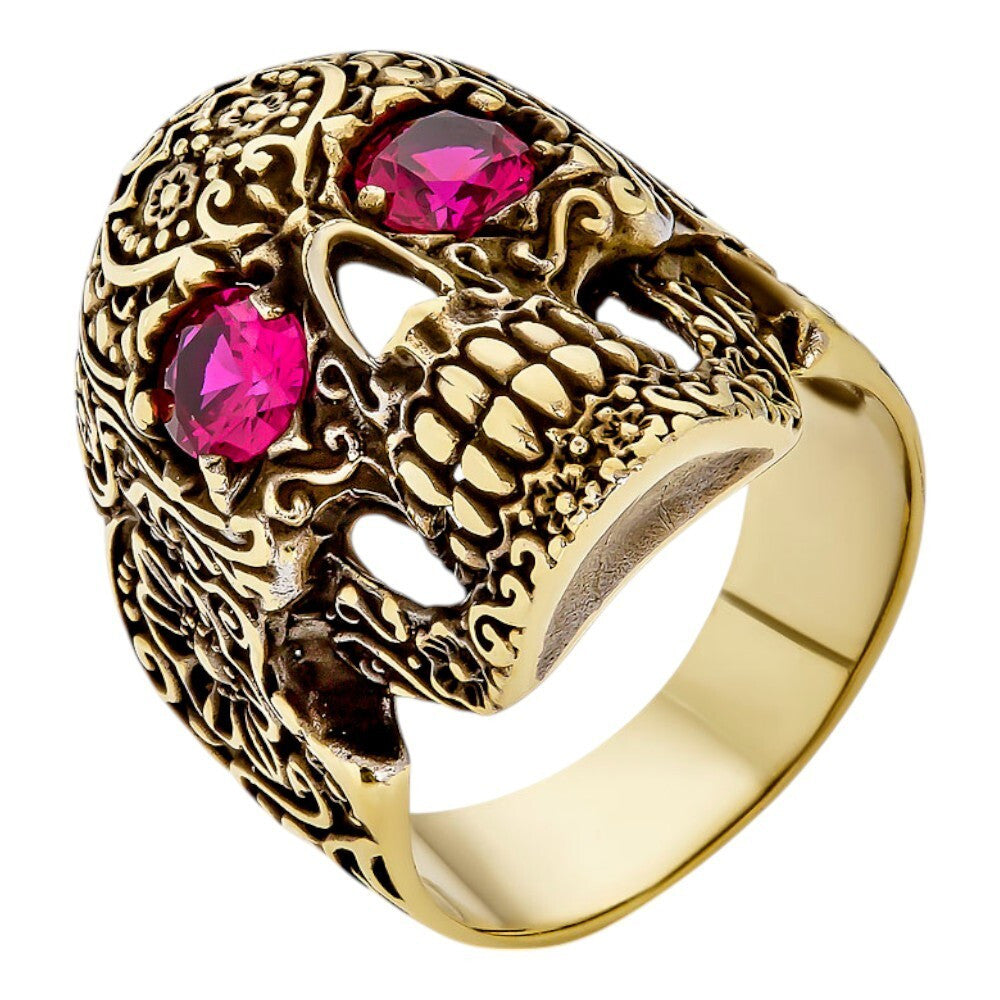 Sugar Skull & Roses Ring | 14k Gold Vermeil 925 Silver Oxidized