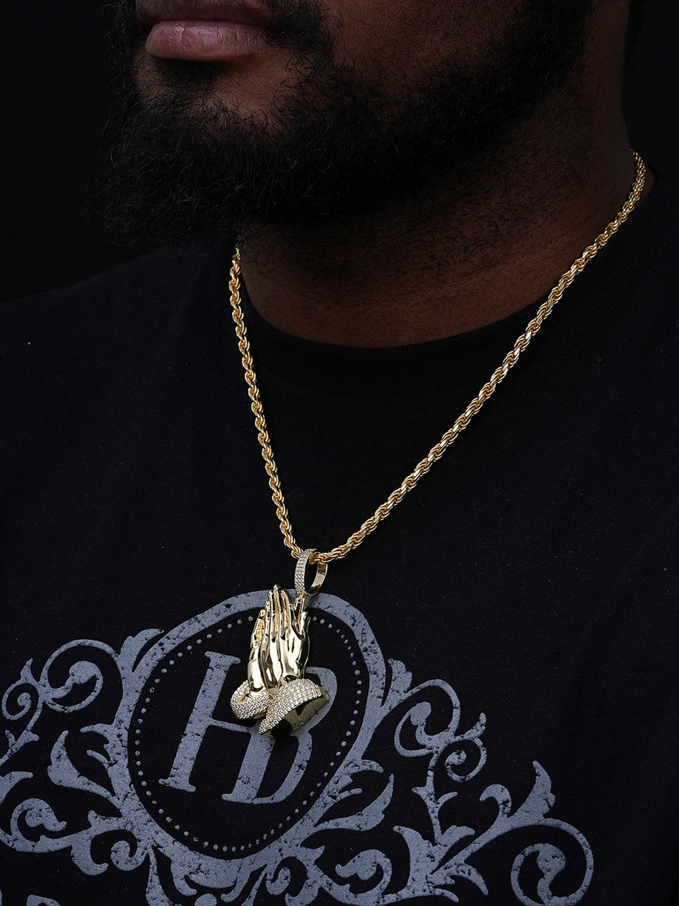 Moissanite Praying Folded Hands Religious Pendant | 14k Gold Vermeil 925 Silver