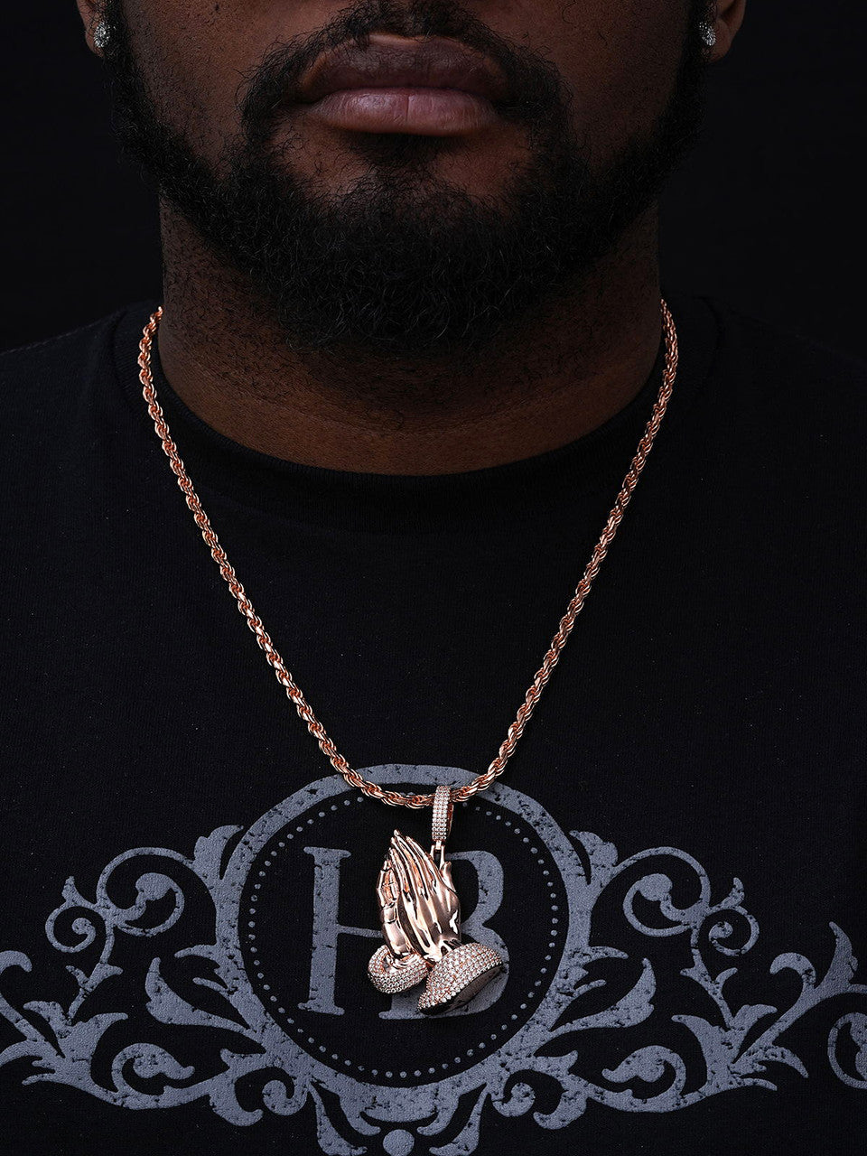 Moissanite Praying Folded Hands Religious Pendant | 14k Rose Gold Vermeil 925 Silver