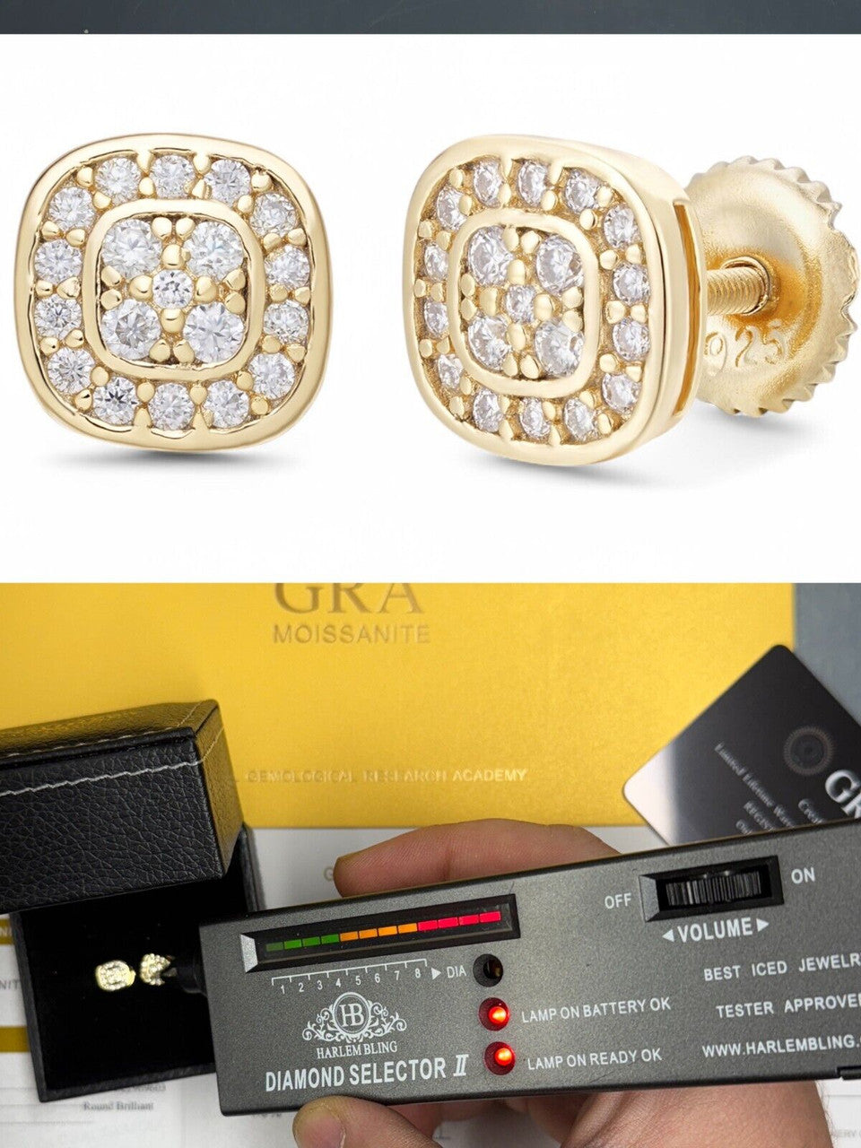 Moissanite Square Iced Out Earrings | 14k Gold Vermeil 925 Silver