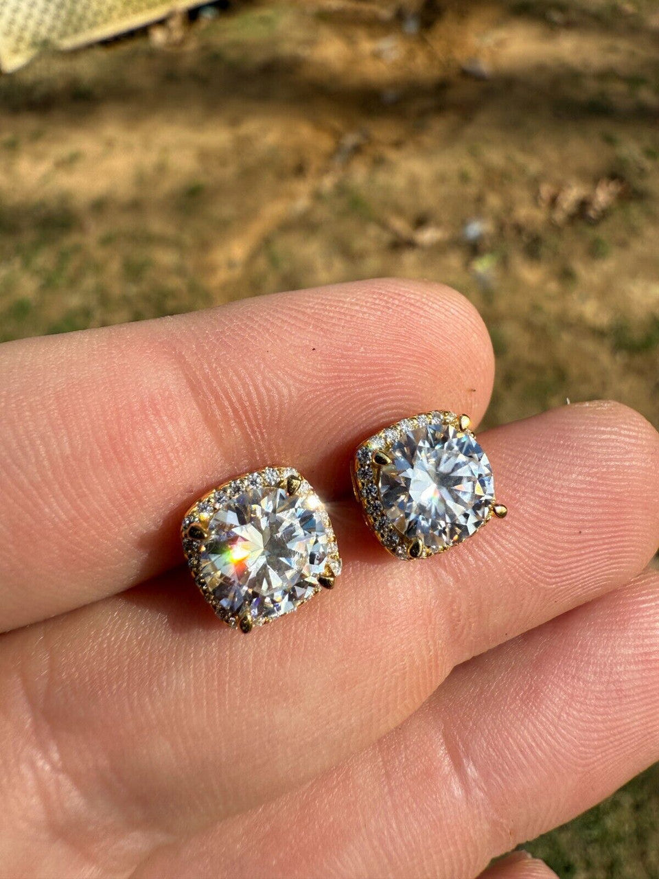 Moissanite Iced Out Square Halo Set Stud Earrings | 14k Gold Vermeil 925 Silver