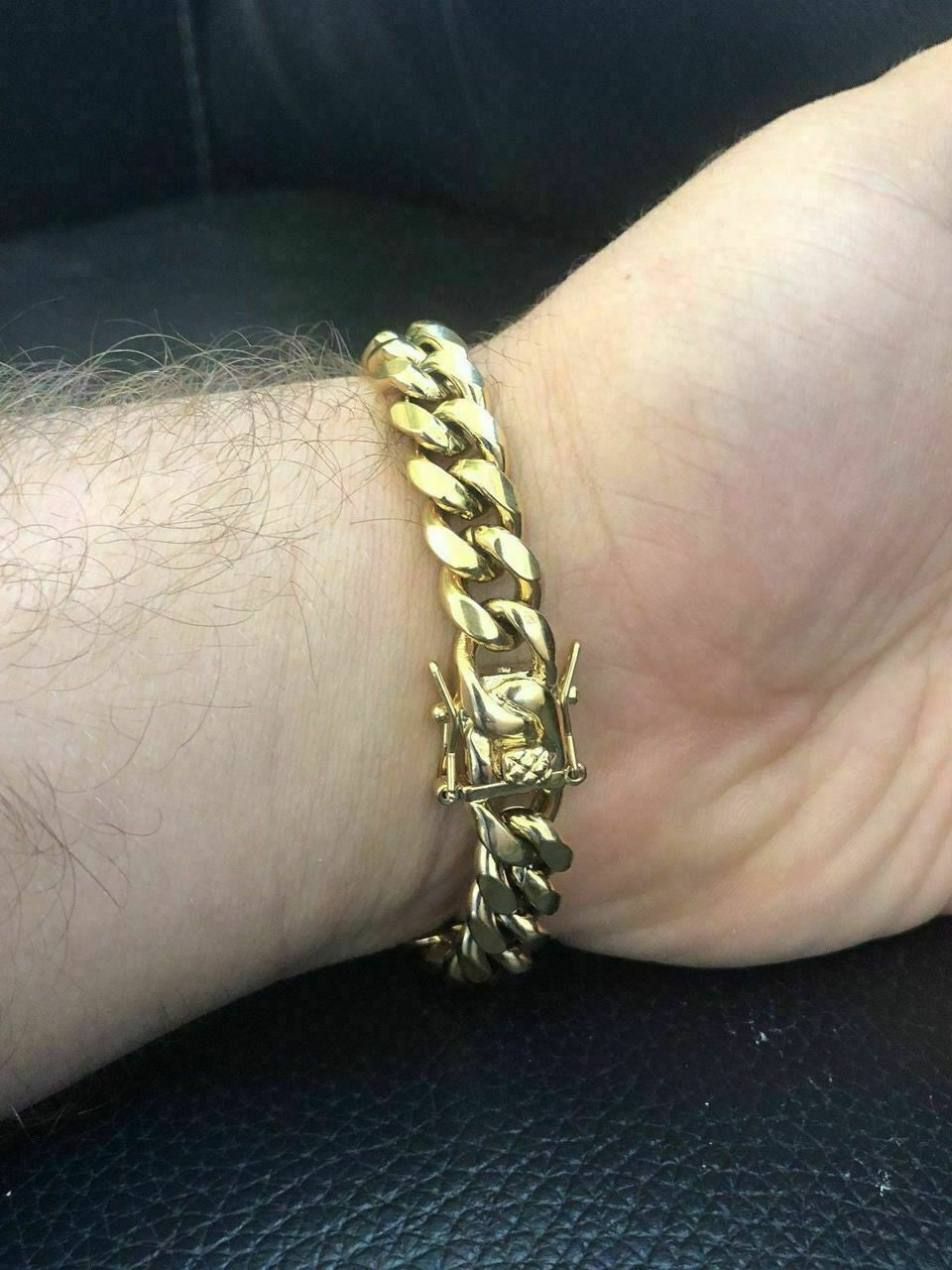 10mm Mens Miami Cuban Link Bracelet & Chain Set 14k Gold Plated Stainless Steel