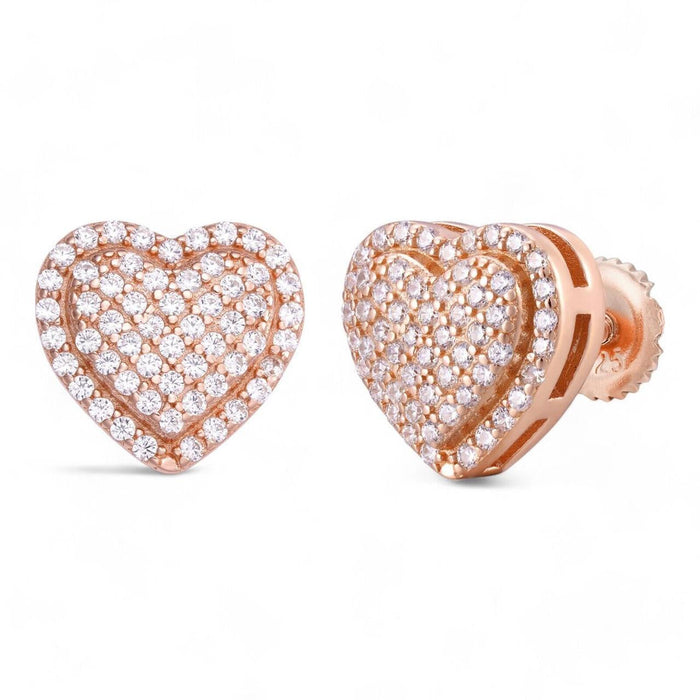 3D Heart Classic Iced Out Earrings | 14k Rose Gold Vermeil 925 Silver | CZ