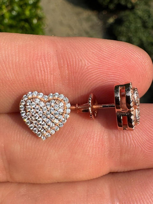 3D Heart Classic Iced Out Earrings | 14k Rose Gold Vermeil 925 Silver | CZ