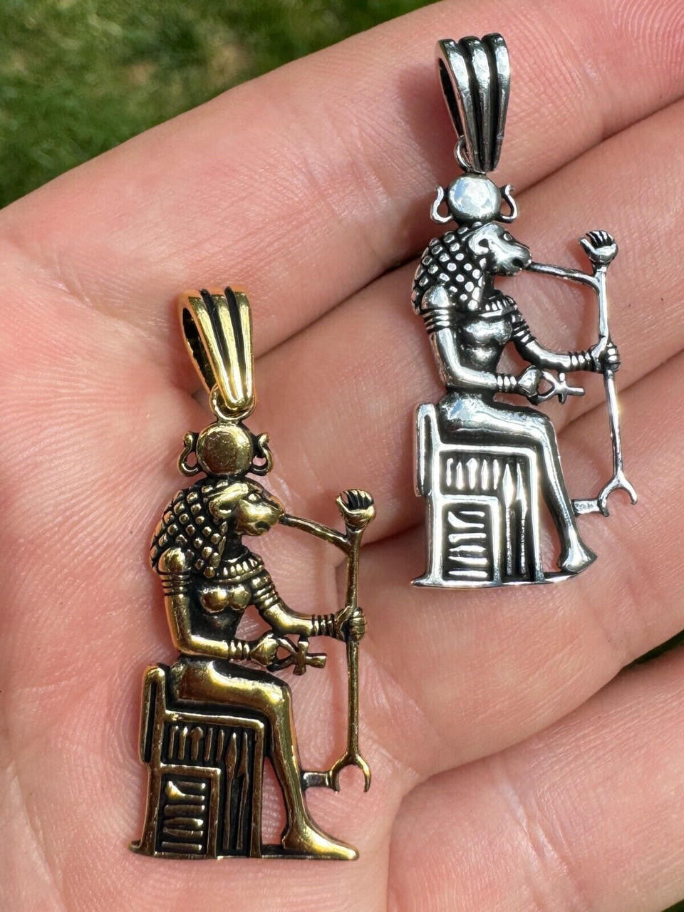Egyptian God Anubis Holding Ankh Pendant | 14k Gold Vermeil Or Oxidized 925 Silver