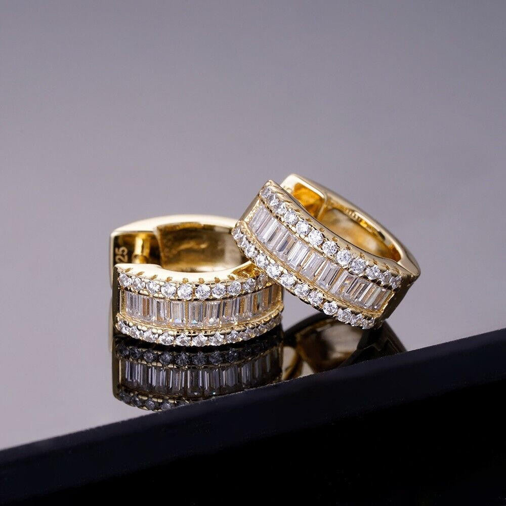 Moissanite Baguette Small Huggie Hoops | 14k Gold Vermeil 925 Silver