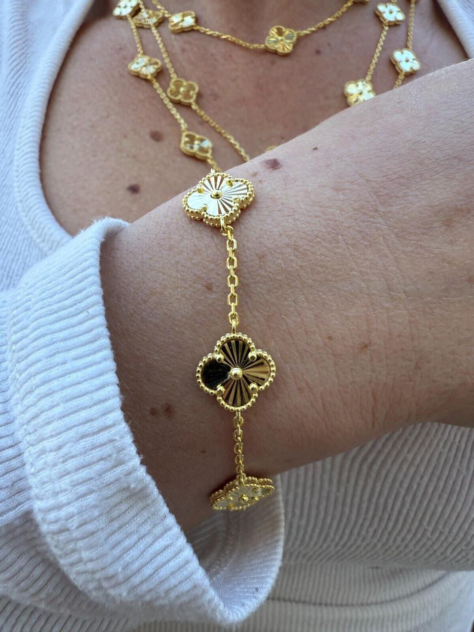 Cleef Clover Link Chain Necklace Or Bracelet Diamond Cut Motifs | 14k Gold Vermeil 925 Sterling Silver