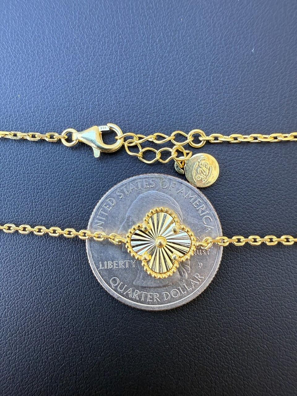 Cleef Clover Link Chain Necklace Or Bracelet Diamond Cut Motifs | 14k Gold Vermeil 925 Sterling Silver