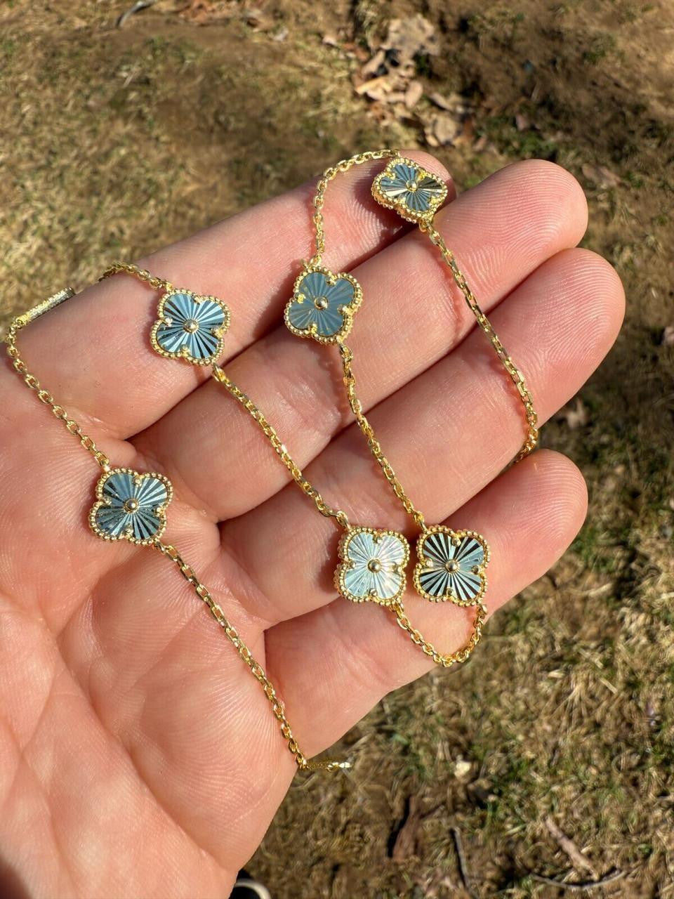 Cleef Clover Link Chain Necklace Or Bracelet Diamond Cut Motifs | 14k Gold Vermeil 925 Sterling Silver