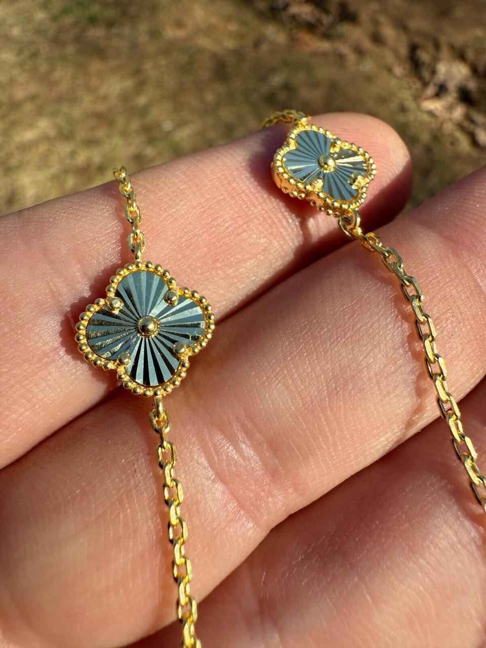 Cleef Clover Link Chain Necklace Or Bracelet Diamond Cut Motifs | 14k Gold Vermeil 925 Sterling Silver