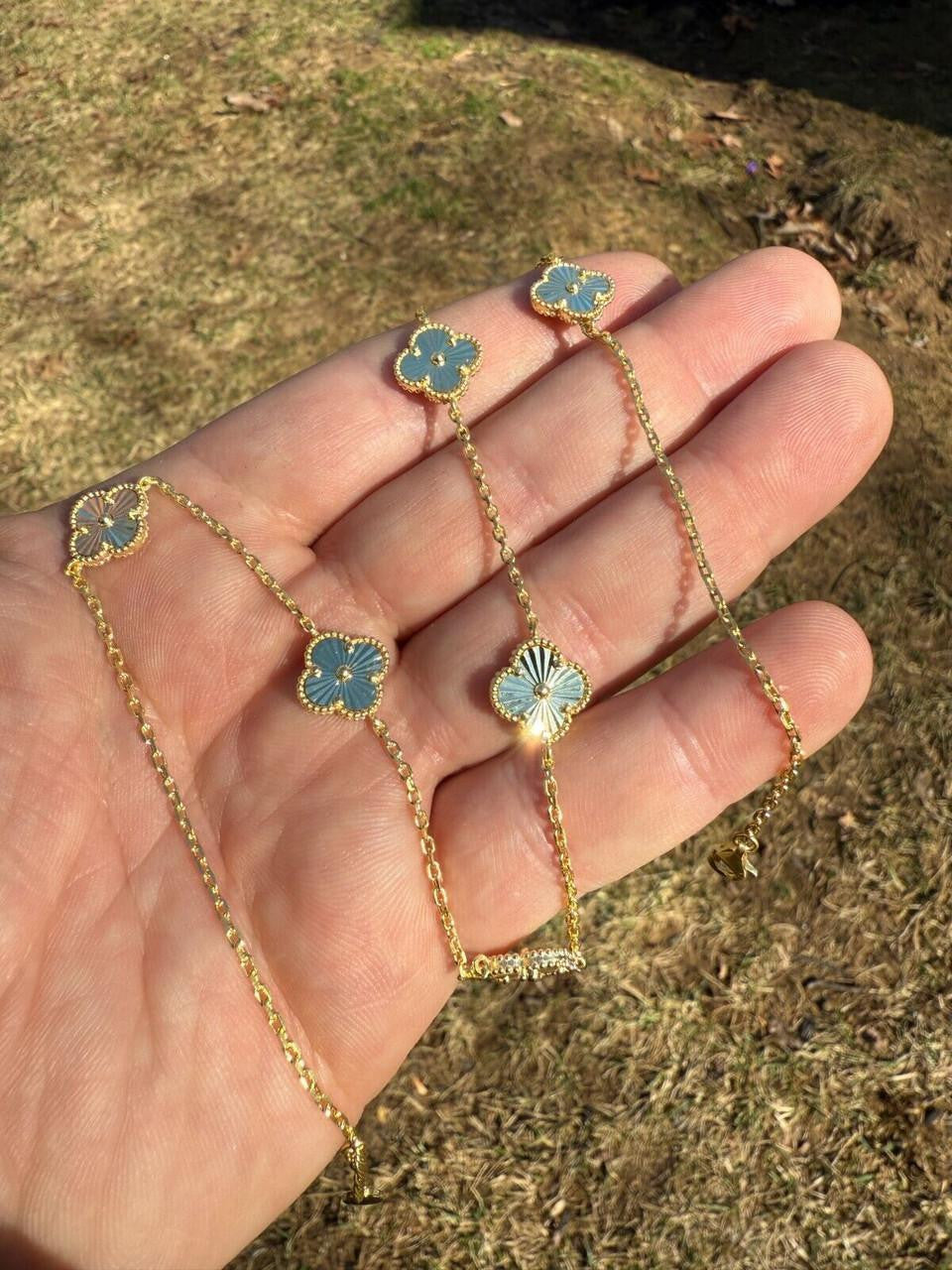 Cleef Clover Link Chain Necklace Or Bracelet Diamond Cut Motifs | 14k Gold Vermeil 925 Sterling Silver