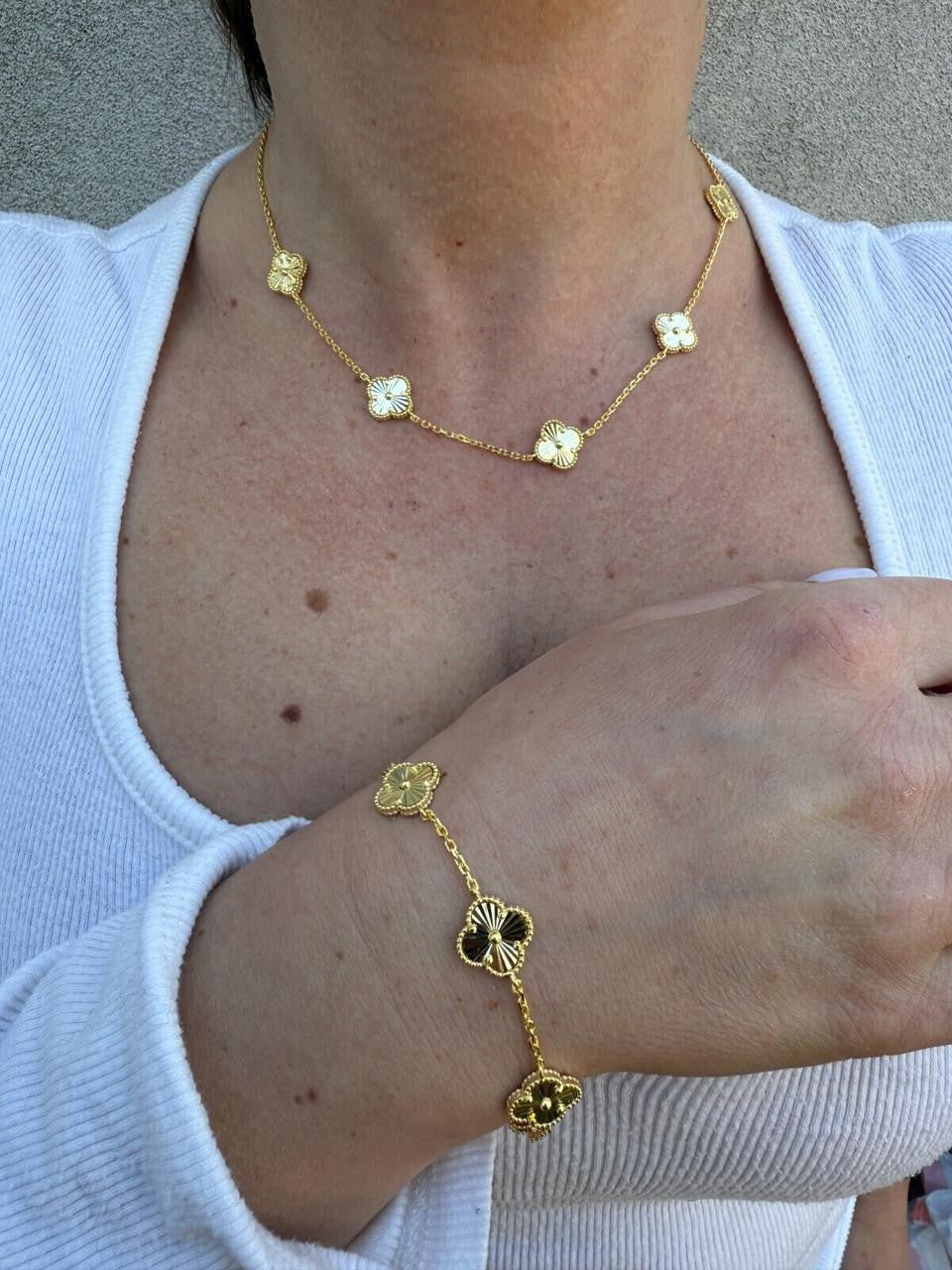 Cleef Clover Link Chain Necklace Or Bracelet Diamond Cut Motifs | 14k Gold Vermeil 925 Sterling Silver