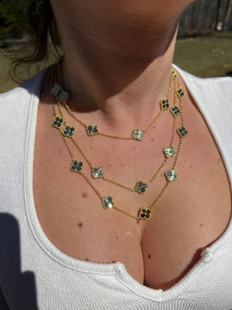 Cleef Clover Link Chain Necklace Or Bracelet Diamond Cut Motifs | 14k Gold Vermeil 925 Sterling Silver