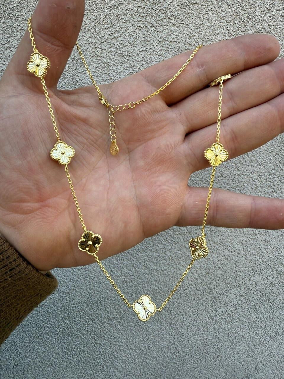 Cleef Clover Link Chain Necklace Or Bracelet Diamond Cut Motifs | 14k Gold Vermeil 925 Sterling Silver