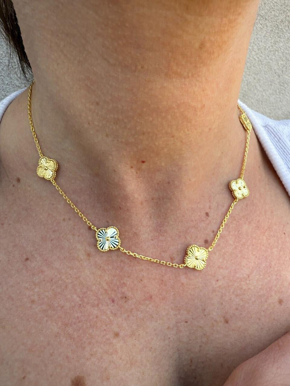 Cleef Clover Link Chain Necklace Or Bracelet Diamond Cut Motifs | 14k Gold Vermeil 925 Sterling Silver