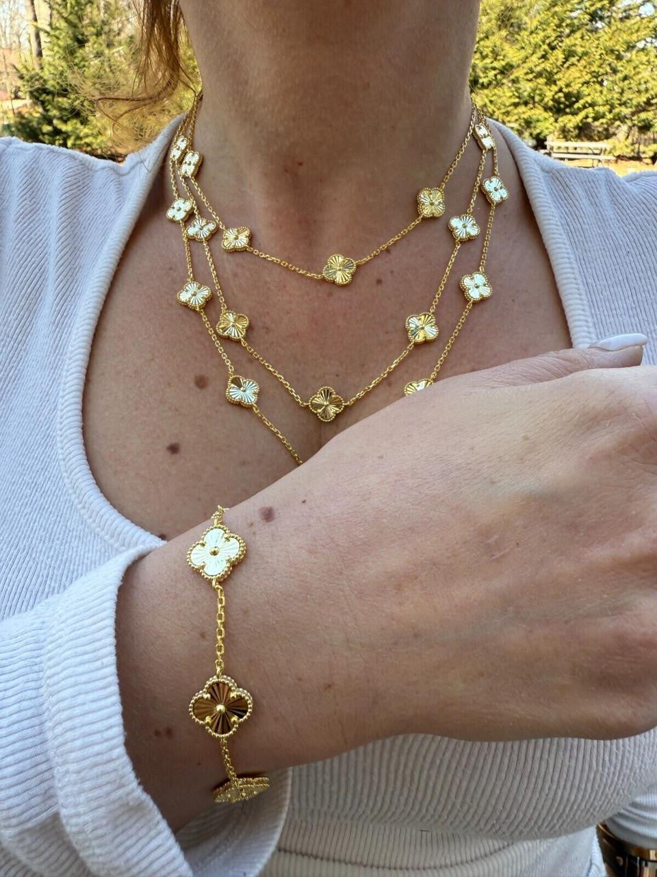 Cleef Clover Link Chain Necklace Or Bracelet Diamond Cut Motifs | 14k Gold Vermeil 925 Sterling Silver