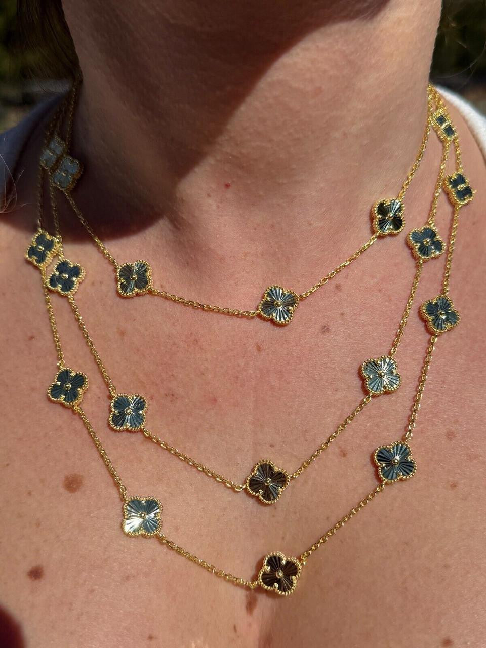 Cleef Clover Link Chain Necklace Or Bracelet Diamond Cut Motifs | 14k Gold Vermeil 925 Sterling Silver