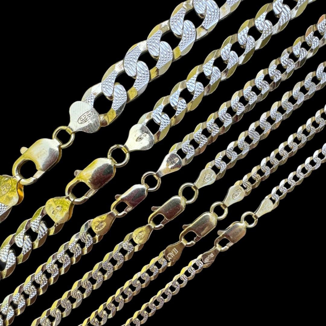 Flat Curb Cuban Chain Necklace | Two Tone Diamond Cut 14k Gold Vermeil 925 Sterling Silver