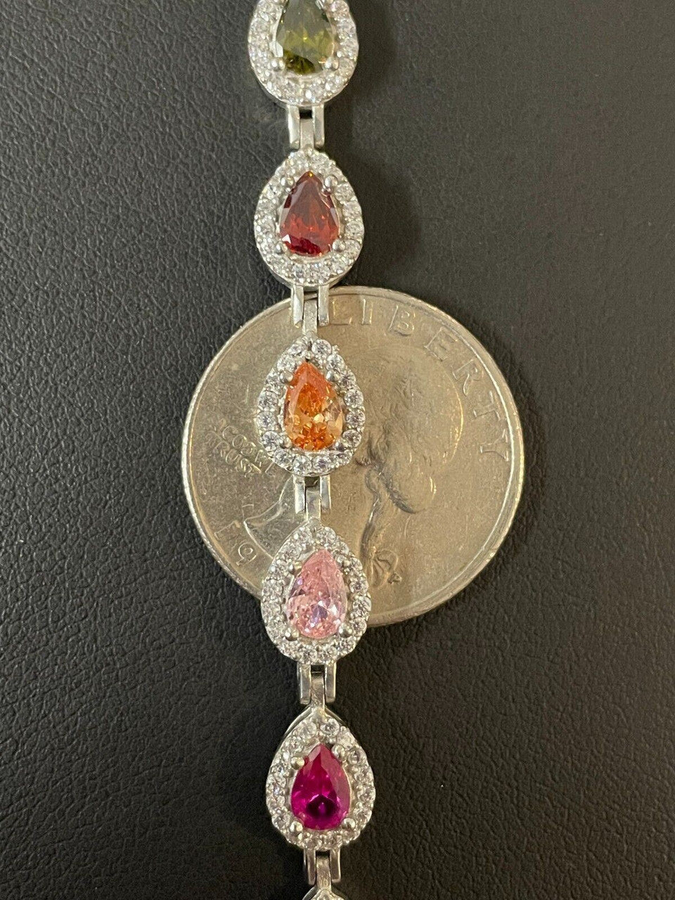 Ladies Multicolor Crystal Teardrop Tennis Bracelet Adjustable Solid 925 Silver