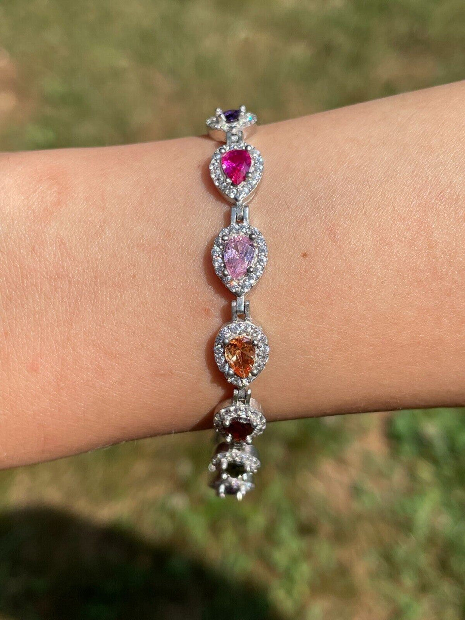 Ladies Multicolor Crystal Teardrop Tennis Bracelet Adjustable Solid 925 Silver