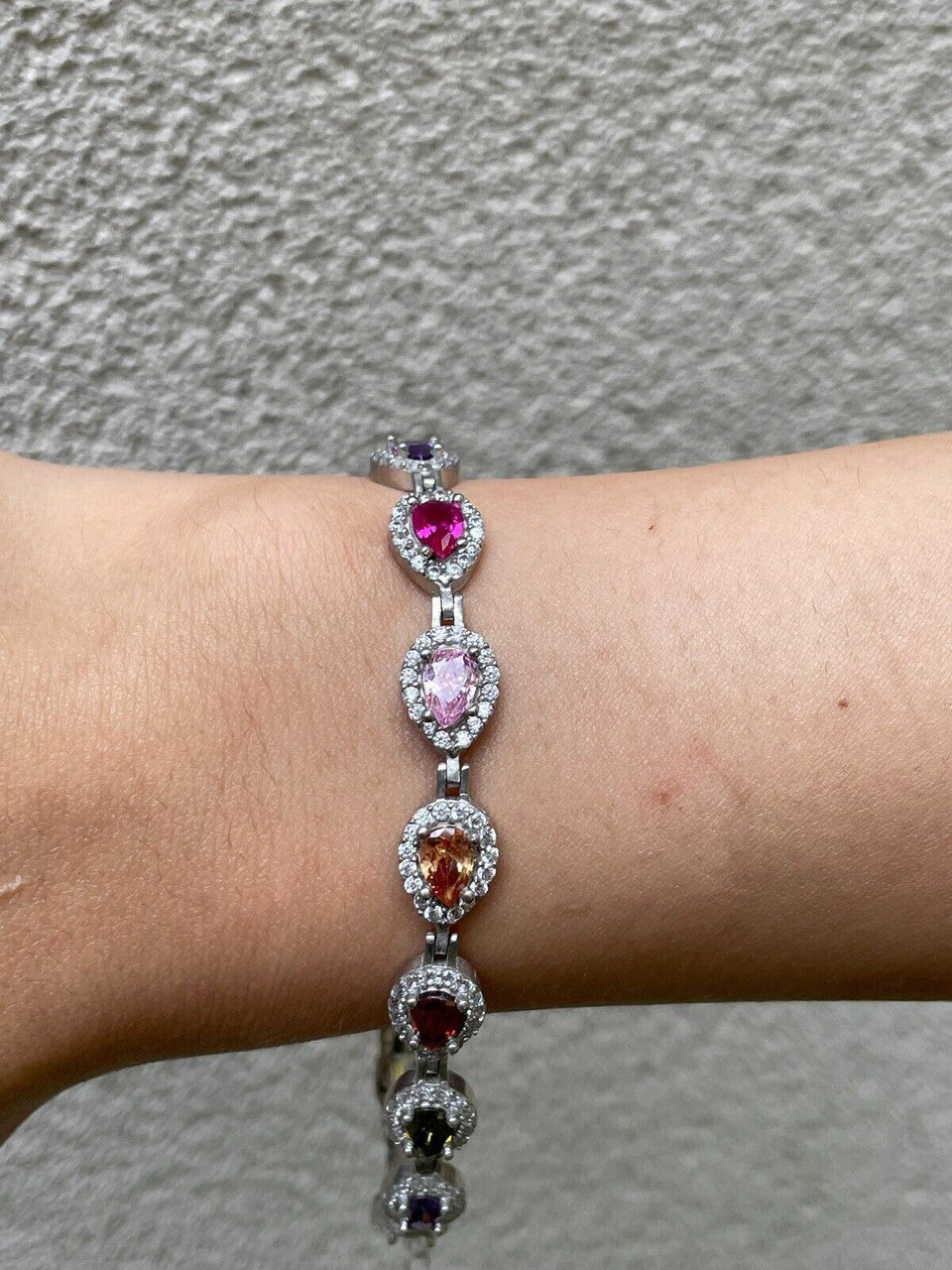 Ladies Multicolor Crystal Teardrop Tennis Bracelet Adjustable Solid 925 Silver