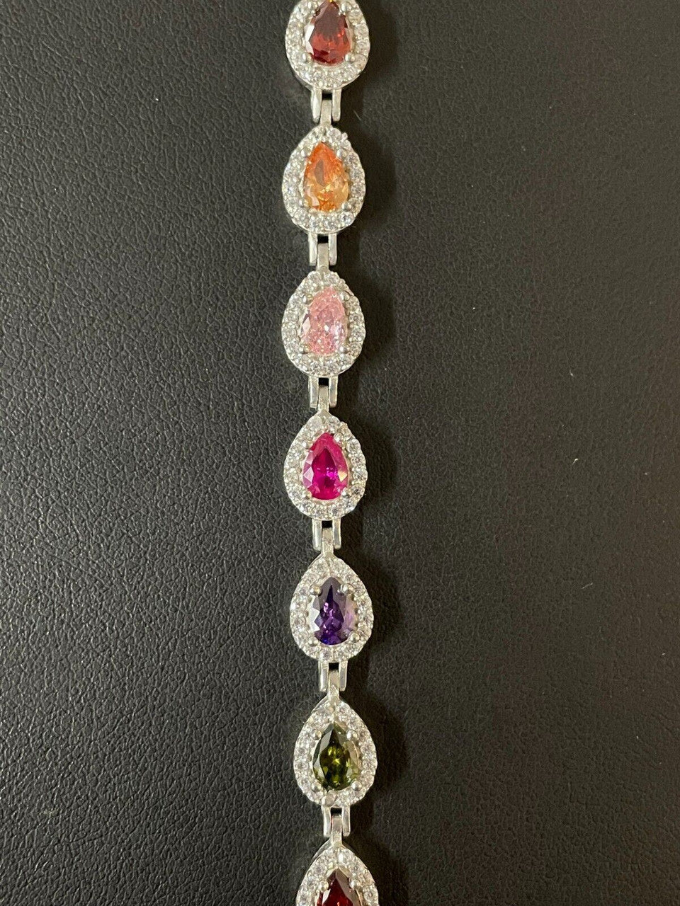 Ladies Multicolor Crystal Teardrop Tennis Bracelet Adjustable Solid 925 Silver