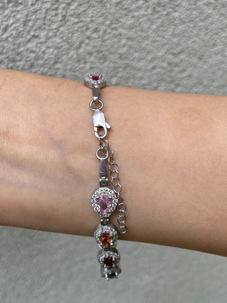 Ladies Multicolor Crystal Teardrop Tennis Bracelet Adjustable Solid 925 Silver