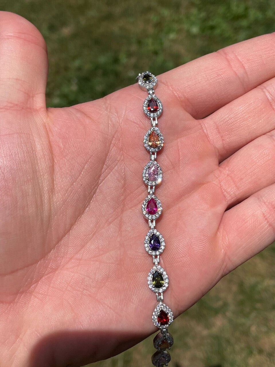 Ladies Multicolor Crystal Teardrop Tennis Bracelet Adjustable Solid 925 Silver