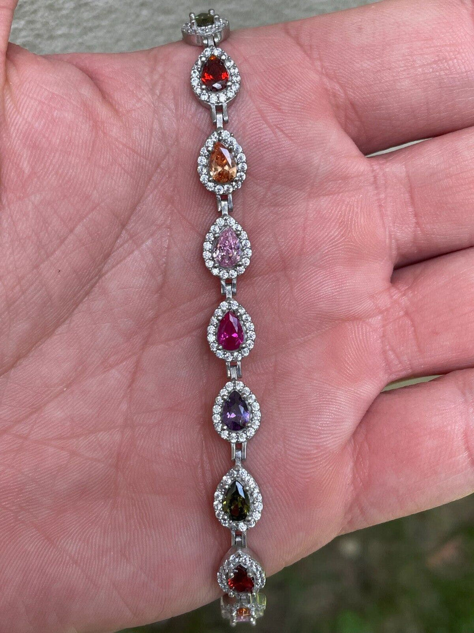 Ladies Multicolor Crystal Teardrop Tennis Bracelet Adjustable Solid 925 Silver