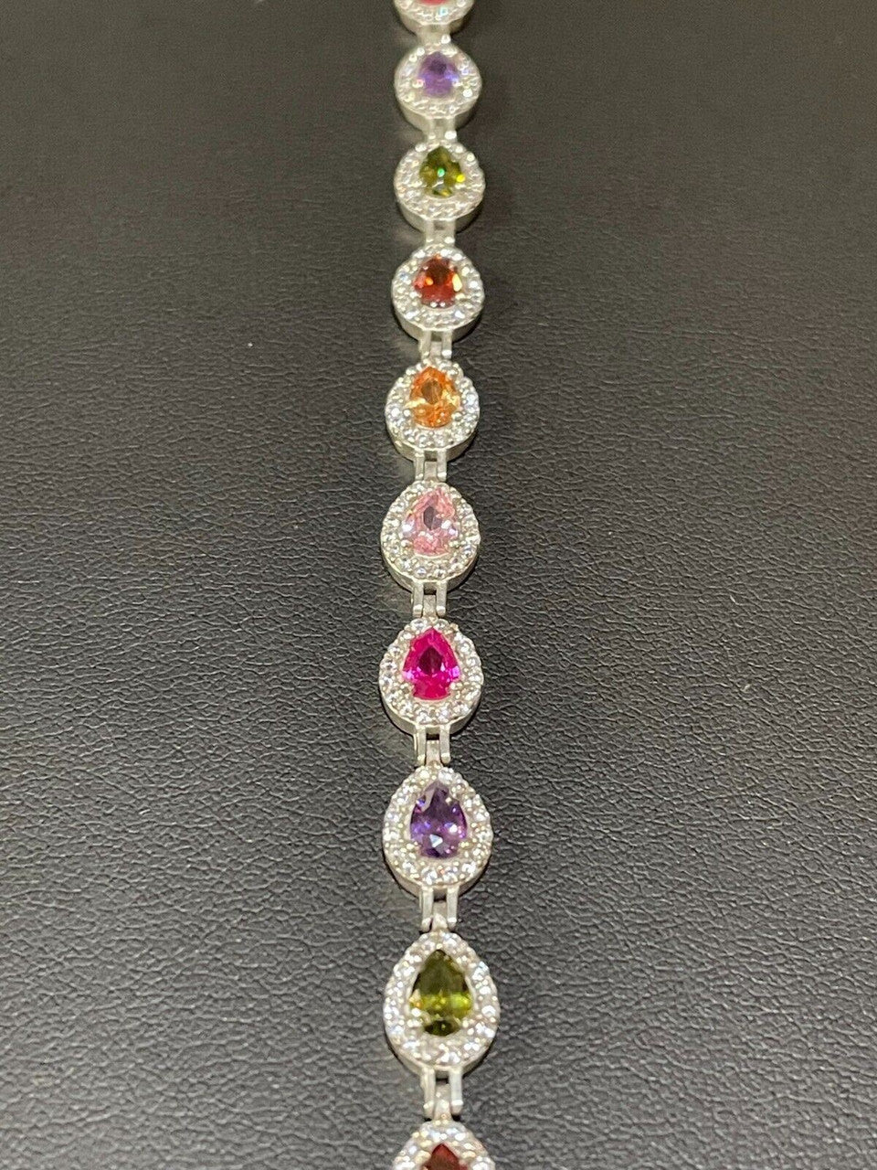 Ladies Multicolor Crystal Teardrop Tennis Bracelet Adjustable Solid 925 Silver