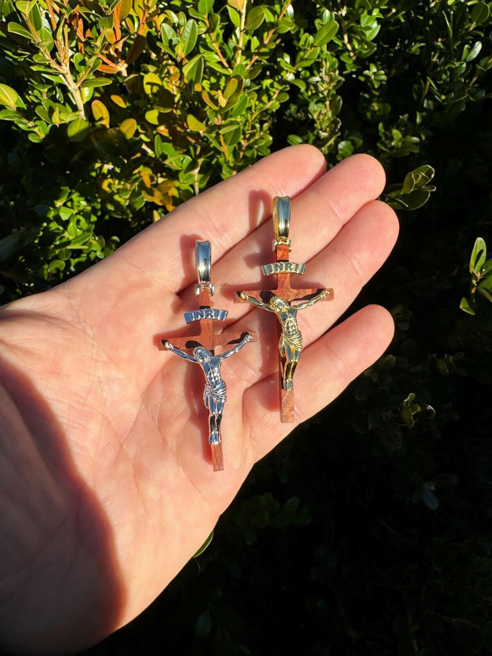Red Cherry Walnut Wood PlainJesus Cross Pendant | 14k Gold Vermeil Or 925 Silver